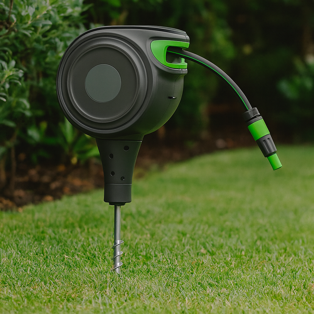 Tuinslanghaspel met de grondpin in het gazon geplaatst