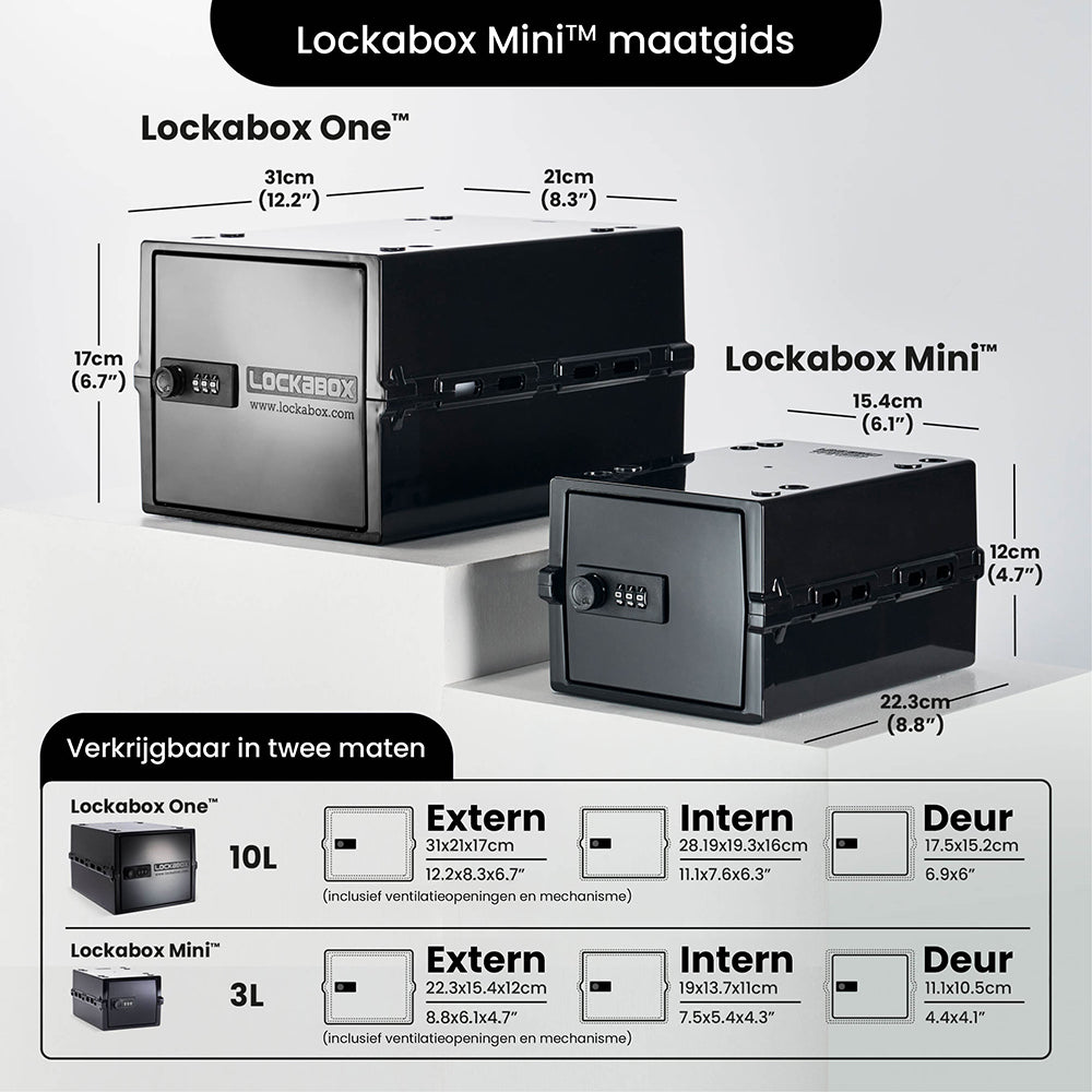 Maatvergelijking tussen de Lockabox One van 10 liter en de Lockabox Mini van 3 liter