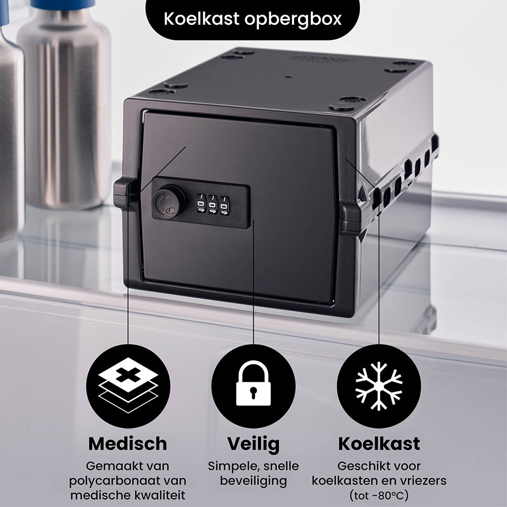 Zwarte Lockabox Mini in de koelkast: medische kwaliteit polycarbonaat, veilig en koelkastbestendig