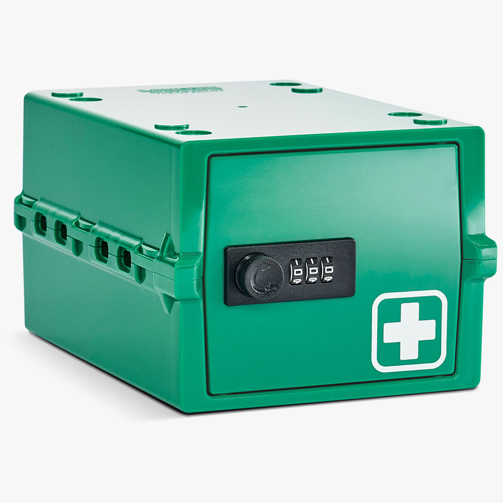 Groene Lockabox Mini opbergbox met cijferslot en wit kruis op de deur