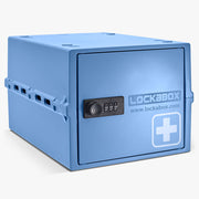 Blauwe Lockabox One opbergbox met cijferslot en wit kruis op de deur