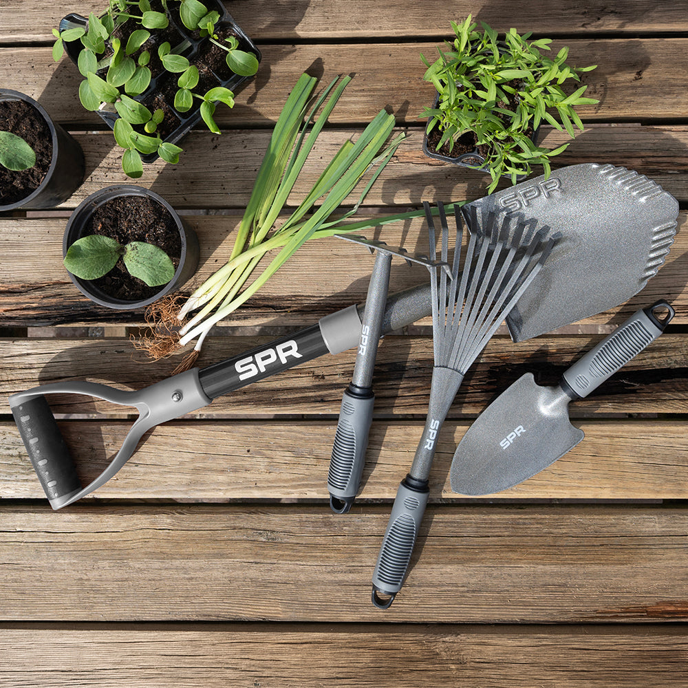 Lot d'outils de jardin sur une table en bois à côté de jeunes plants et d'oignons nouveaux