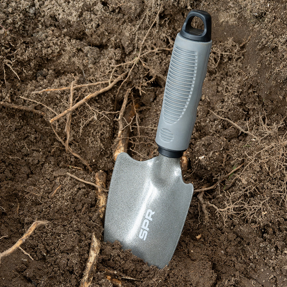 Transplantoir large planté dans la terre entre des racines d'arbre