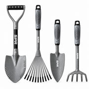 Lot de 4 outils de jardin : bêche, mini-râteau à feuilles, transplantoir large et griffe à 5 dents