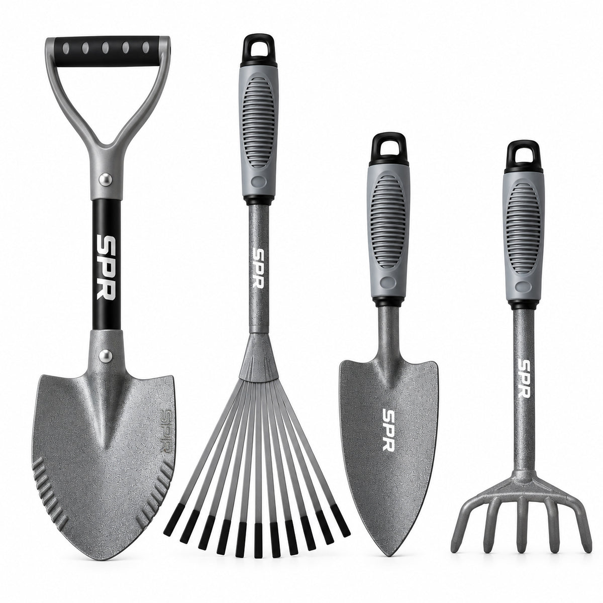 Lot de 4 outils de jardin : bêche, mini-râteau à feuilles, transplantoir large et griffe à 5 dents
